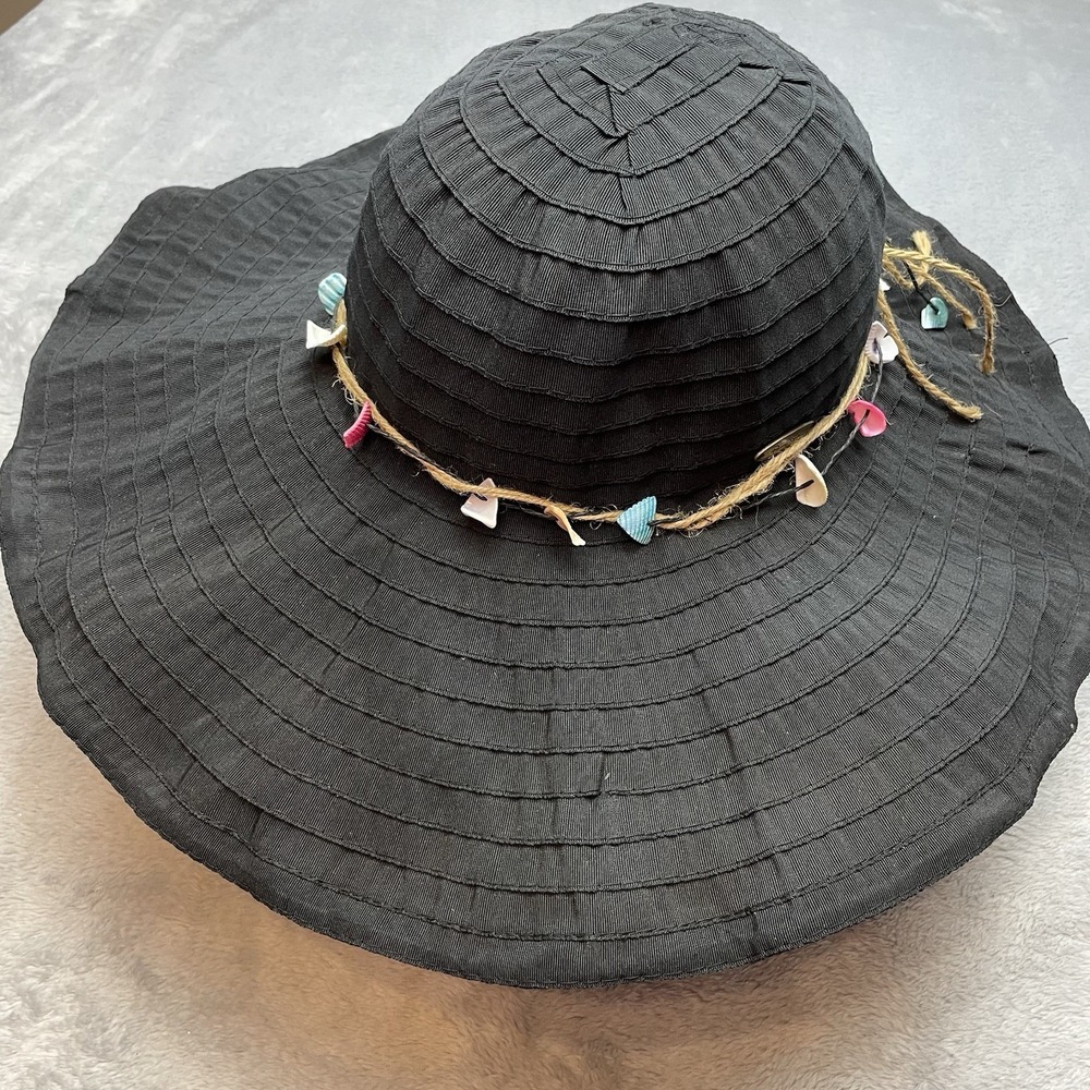 Panama Jack Womens Woven Floppy Sun Hat OS Black Shells Wide Wire Brim Beach